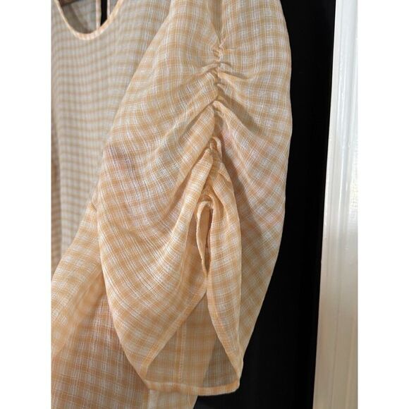 ModCloth Sheer Orange Gingham Blouse‎ Plus 3x Short Ruched Sleeve Cottagecore - Picture 3 of 4